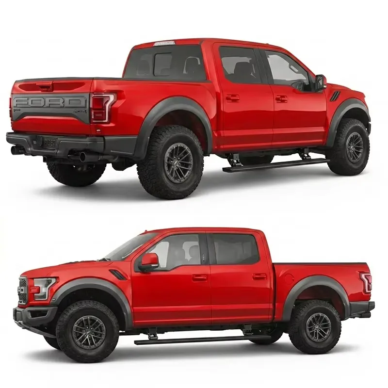 Side profile view of a red pickup truck equipped with deployed f150 running boards.