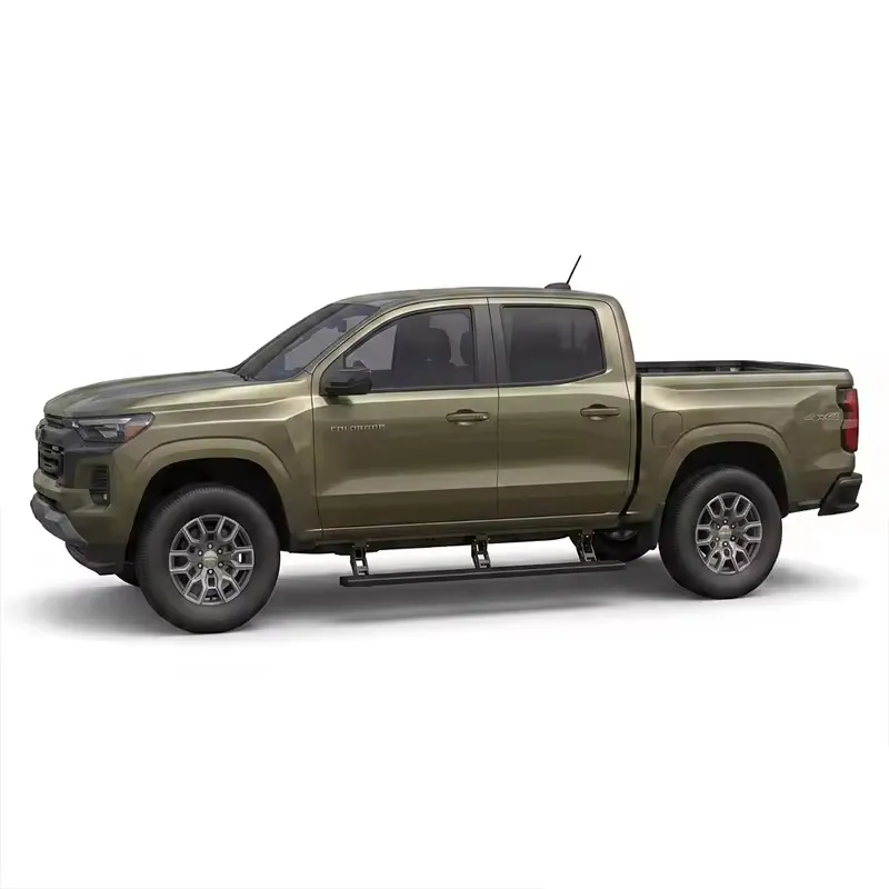 Full side profile of a green Chevy Colorado crew cab truck with running boards installed, isolated on white.