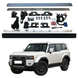 White SUV equipped with a complete Toyota Land Cruiser running boards kit.