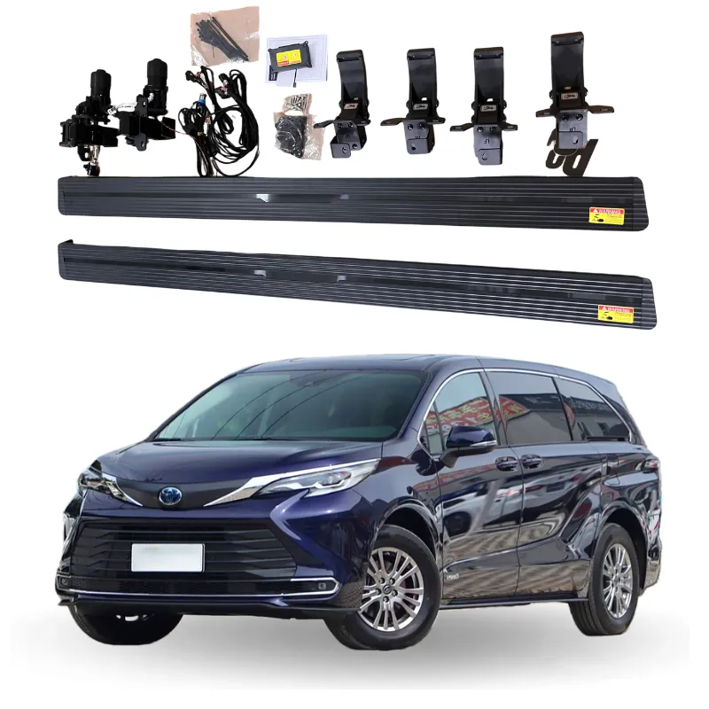 Complete Toyota Sienna running boards kit with aluminum panels, brackets, and motors.