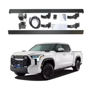 Toyota Tacoma power running boards full set kit with white pickup truck display