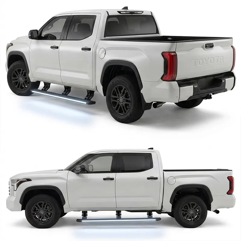 Toyota Tundra power running boards side and rear view demonstration on white truck