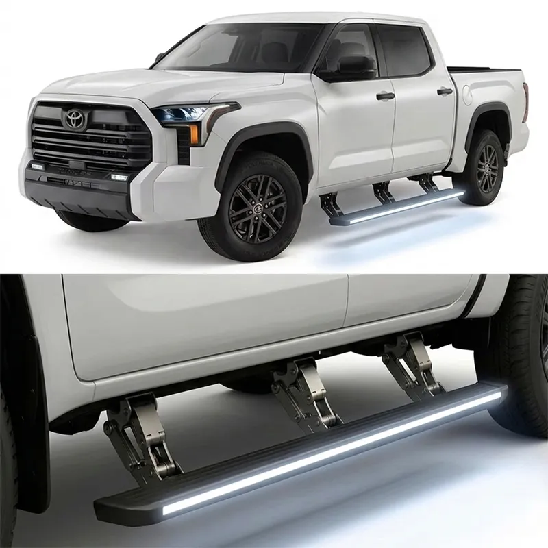 Toyota Tundra power running boards installed on a white pickup truck front and side view