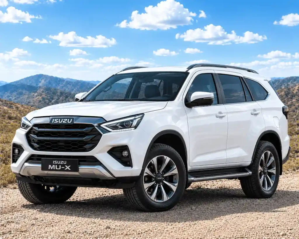 White Isuzu MU-X SUV parked on a gravel trail in a mountainous area, equipped with Isuzu power running boards.