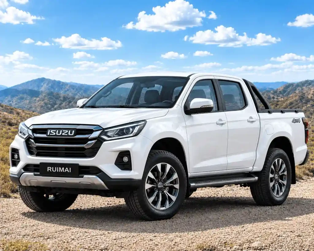 White Isuzu Ruimai pickup truck parked on a dirt road against a scenic mountain backdrop, fitted with Isuzu power running boards.