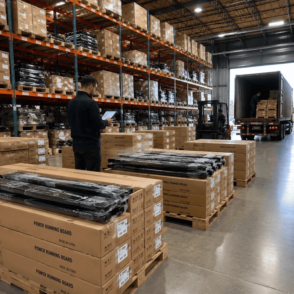 Wholesale power running boards stacked in a logistics warehouse ready for distribution.