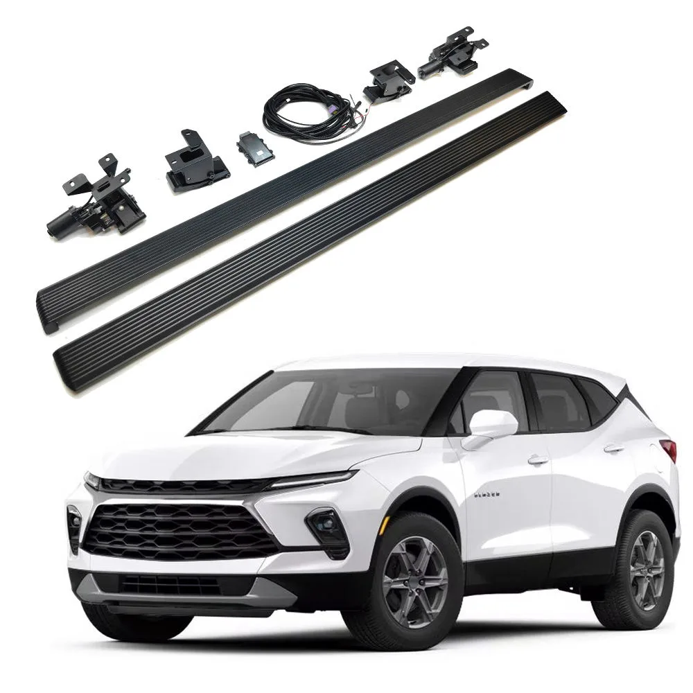 Complete installation kit for Chevrolet Blazer power running boards, featuring two running boards, mounting brackets, motors, wiring harness, and control module, displayed with a white SUV in the background.