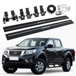 Complete Nissan Navara power running boards kit set, including two black running boards, six motorized brackets, wiring harness, control module, and mounting hardware.
