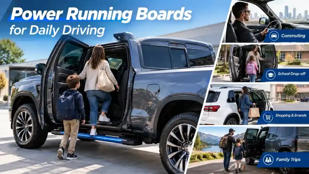 Infographic showing Power Running Board Use Cases for daily driving, featuring a mother and son stepping into a truck, alongside scenes for commuting, school drop-off, shopping, and family trips.