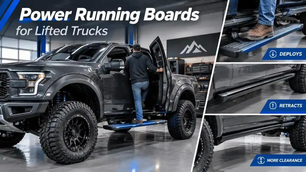 Infographic showing Power Running Board Use Cases for lifted trucks, featuring a man stepping into a black pickup as the board deploys, retracts, and provides more clearance.