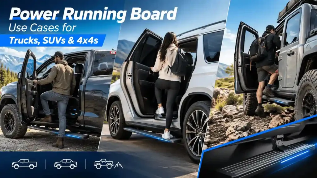 Collage showing Power Running Board Use Cases for Trucks, SUVs, and 4x4s, featuring three people stepping into lifted vehicles with illuminated side steps.