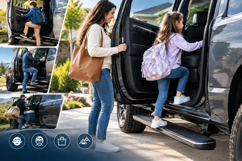 Infographic showing Power Running Boards for Families and Passenger Accessibility, featuring a mother watching her daughter step into an SUV, with insets showing kids, seniors, shopping, and mountain trips.