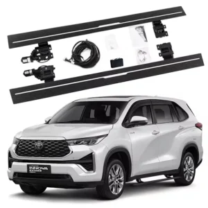 Complete Toyota INNOVA Power Running Boards kit displayed above a white Toyota Innova, including a pair of black running boards, motors, mounting brackets, wiring harness, control module, and hardware.
