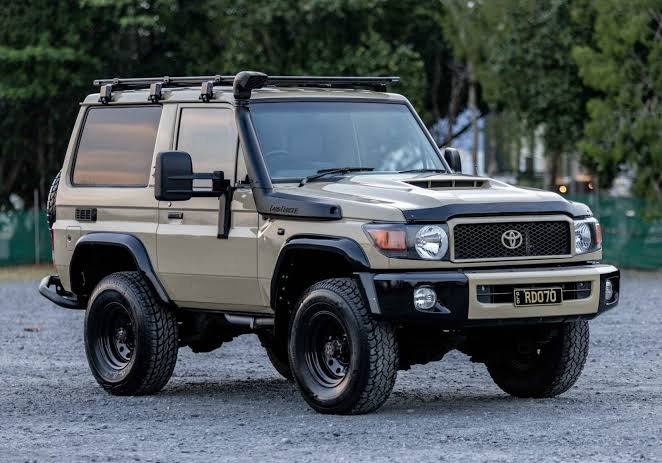 Beige Toyota Land Cruiser 70 Series (LC70) short-wheelbase off-road vehicle, representing a Power Running Boards Manufacturer.