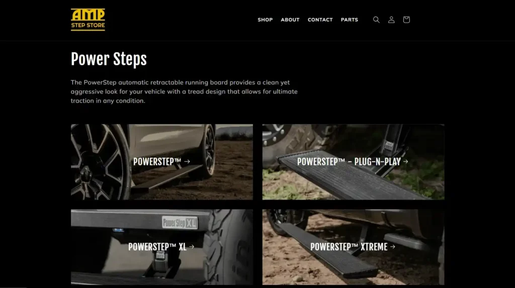 AMP Research website homepage featuring Power Steps, one of the leading Electric Running Boards Manufacturers, showcasing automatic retractable running board options.