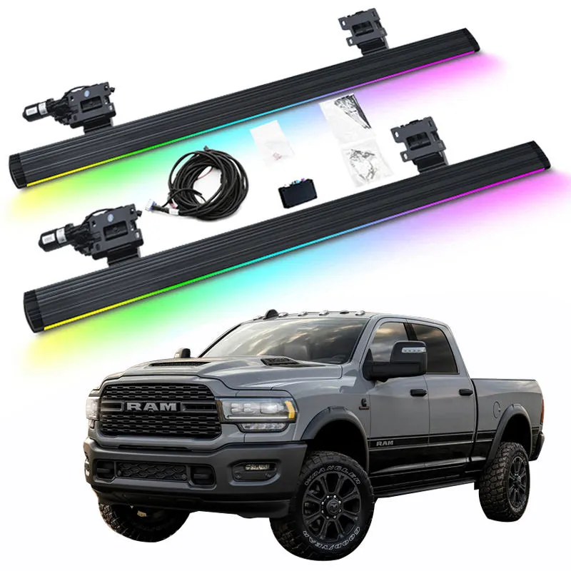 Are powered running boards worth it? This image shows a complete RGB LED electric running board kit with motors and wiring harness installed on a grey RAM pickup truck.