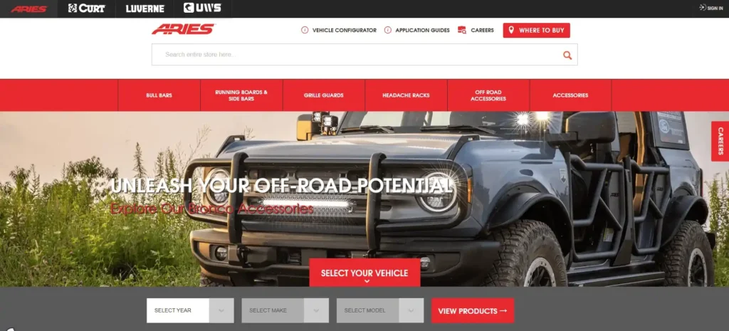 ARIES Automotive website homepage featuring a Ford Bronco with off-road accessories like bull bars and running boards, showcasing their lineup as Electric Running Boards Manufacturers.