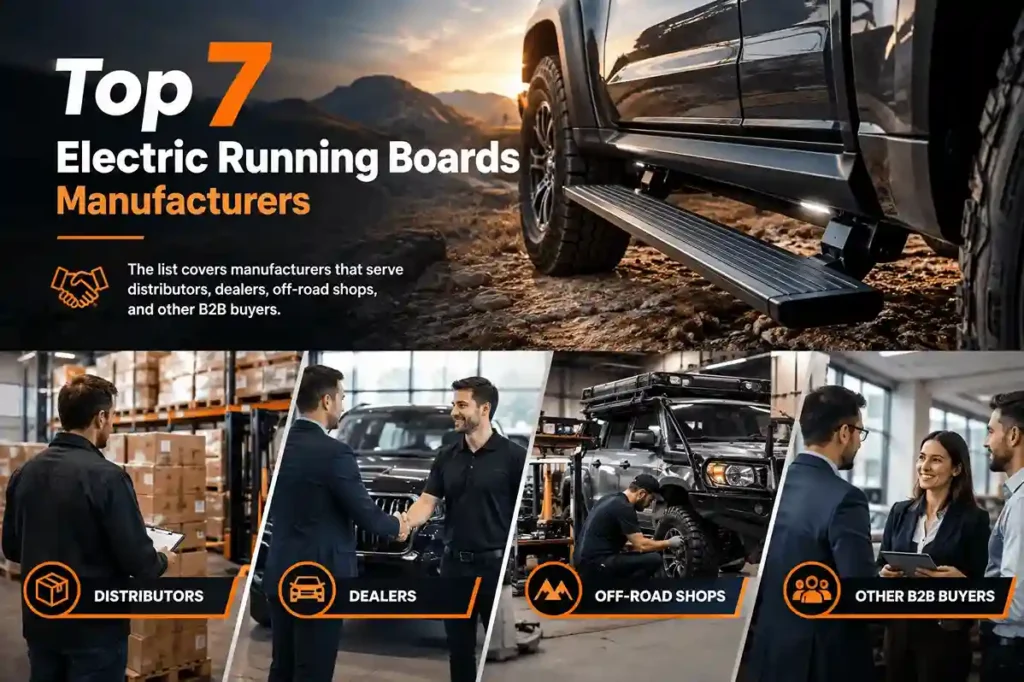 Top 7 Electric Running Boards Manufacturers for B2B buyers. Image shows a black truck with an electric side step and icons representing distributors, dealers, and off-road shops.
