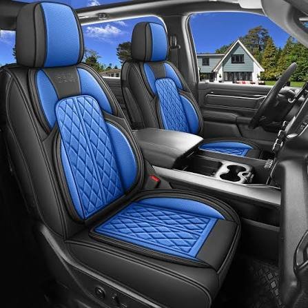 Stylish blue and black leather seat covers for truck cabins, a top-tier selection among the best truck accessories to upgrade interior comfort and durability.