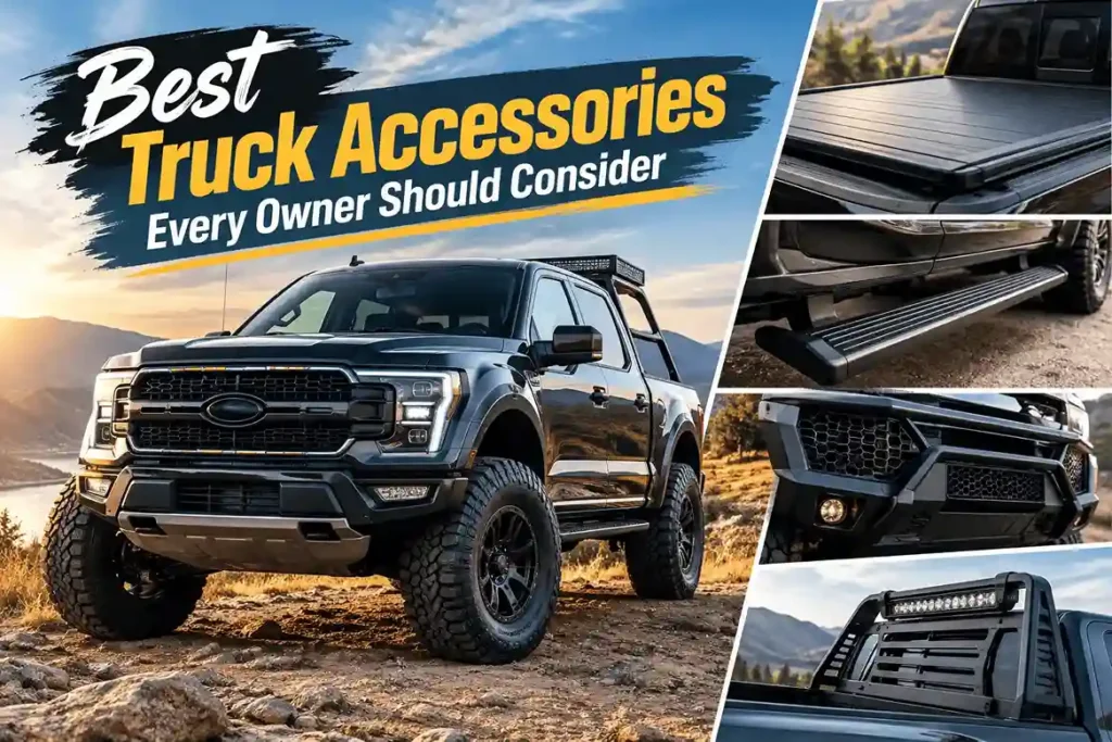 Collage of top-rated truck upgrades including bed covers, side steps, and off-road bumpers, illustrating the best truck accessories for enhancing utility and style.
