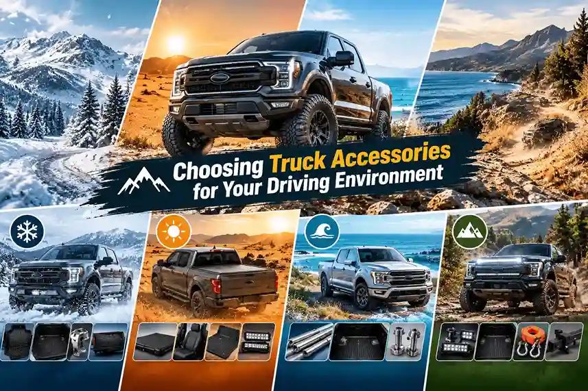 Infographic matching specific truck parts to different weather and terrain conditions, illustrating how to select the best truck accessories for winter, summer, coastal, and off-road use.