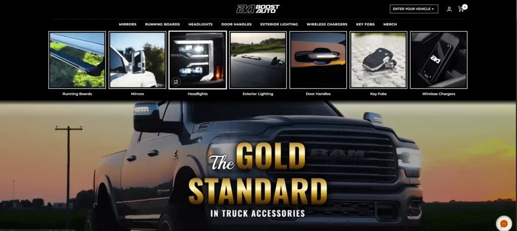 Boost Auto Parts website hero banner displaying running boards and truck accessories, highlighting their role as Electric Running Boards Manufacturers for modern trucks.