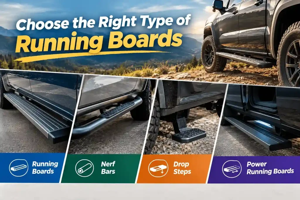 Guide to choosing the right type of running boards for trucks. Four categories are shown: standard Running Boards, Nerf Bars, Drop Steps, and Power Running Boards.