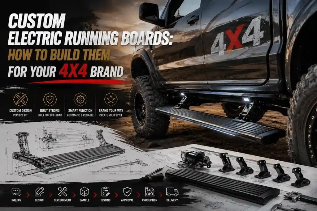 Custom electric running boards production process from design to delivery, featuring automatic operation, off-road durability, and personalized styling for 4x4 vehicles.
