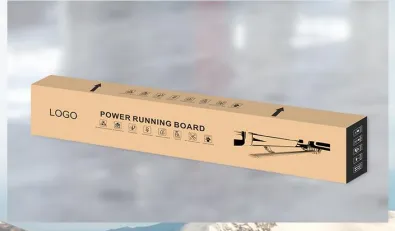 Long cardboard packaging box for custom Electric running boards with LOGO and POWER RUNNING BOARD branding printed on the side.