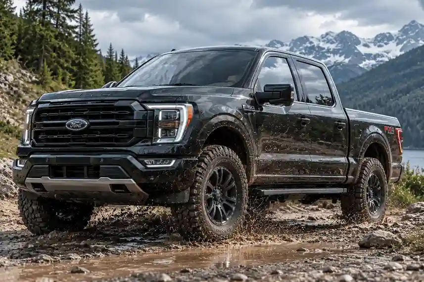 A black Ford F-150 truck driving aggressively through a muddy trail, showcasing the retracted Power Running Boards, rugged tires, and extreme off-road capability in a mountain setting.