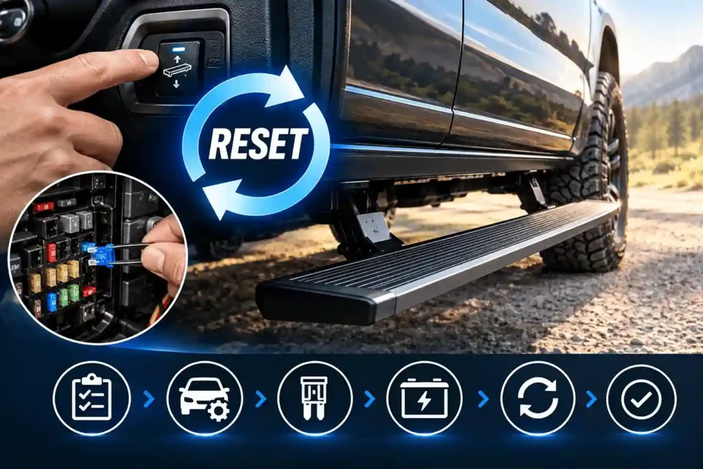 How to reset power running boards: A 6-step visual tutorial showing the interior control switch, fuse box inspection, and the deployed running board.