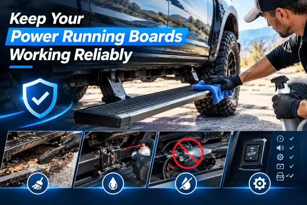 How to reset power running boards: A maintenance overview showing cleaning, lubrication, water spray precautions, and system checks for reliable performance