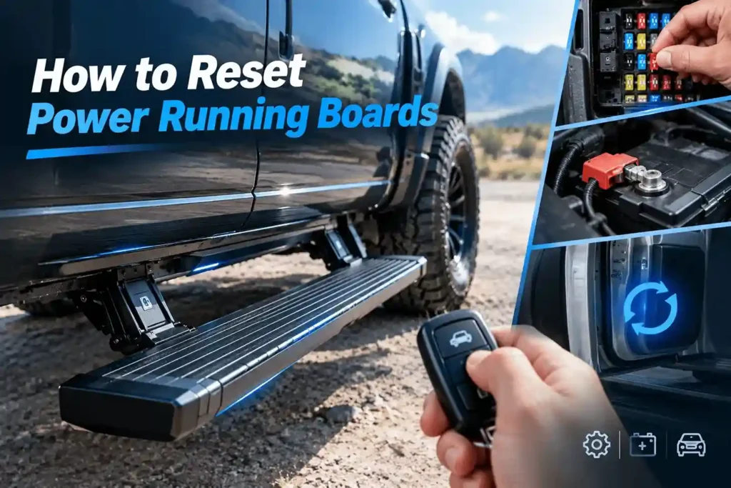 Step-by-step guide on how to reset power running boards. The image includes a deployed side step on a truck, a remote control, and details of the electrical connections required for the reset process.