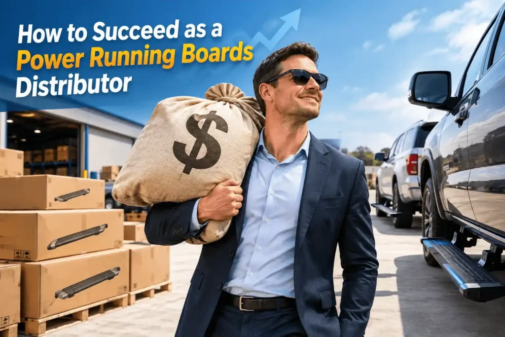 A businessman carrying a bag of money standing next to boxes of side steps and a pickup truck, illustrating how to succeed as a Power Running Boards Distributor.