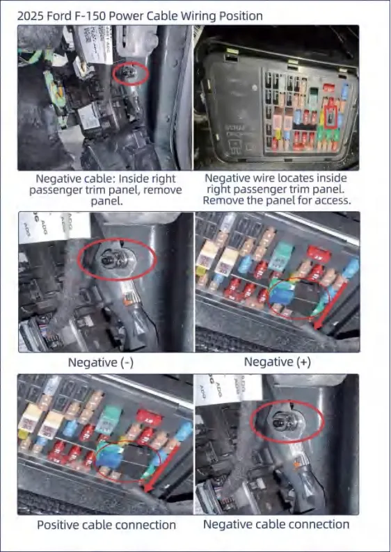Install Power Running Boards on 2025 Ford F-150 – negative cable wiring position located inside right passenger trim panel, remove panel for access to negative battery cable connection.