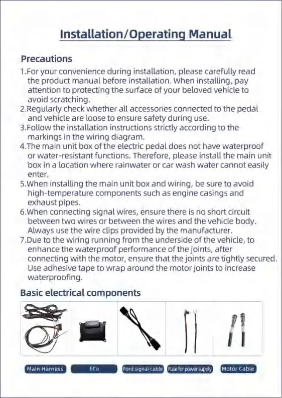 Install Power Running Boards – installation and operating manual precautions and basic electrical components list, including main harness, ECU, Ford signal cable, power supply fuse, and motor cable.
