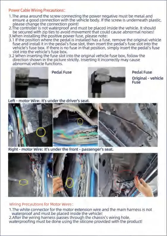 Install Power Running Boards – wiring precautions: connect negative cable to bare metal; place controller inside vehicle and secure; install positive fuse correctly; motor wires under both front seats; waterproof chassis holes with silicone.