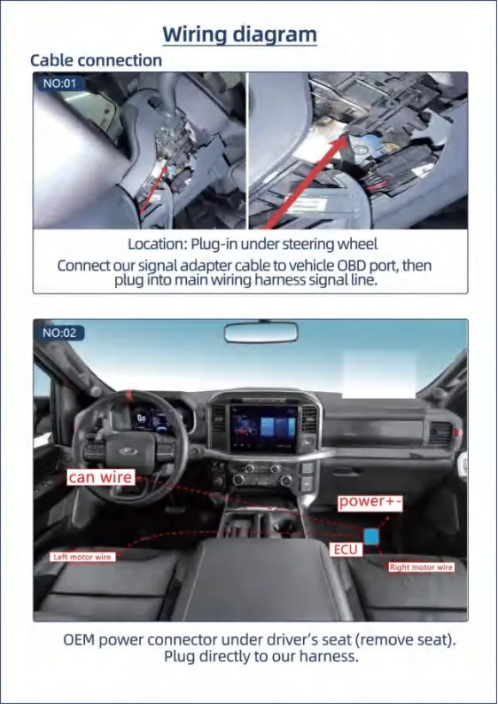 Install Power Running Boards wiring diagram – cable connections: NO.01 connect signal adapter to vehicle OBD port under steering wheel; NO.02 CAN wire, power+, ECU, left/right motor wires, and OEM power connector under driver’s seat (remove seat) – plug directly to main harness.