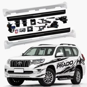Land Cruiser 150 power running boards complete kit including side steps, motors, brackets, and white side skirts, shown with a Toyota Prado.