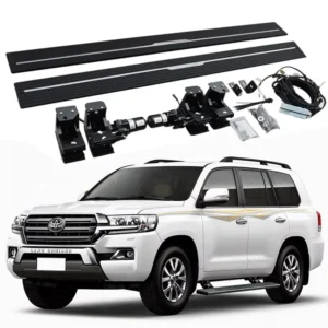 Land Cruiser 200 power running boards complete kit with dual motors, mounting brackets, wiring harness, and side steps.