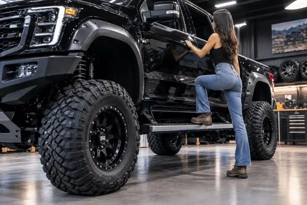 A woman climbing onto the lowered Power Running Boards of a heavily modified, lifted black Ford F-150 inside a modern garage, highlighting the strength and functionality of the boards for accessing high-clearance trucks.