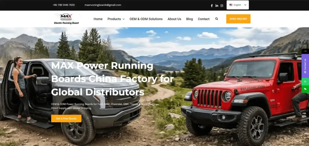 MAX Running Boards website homepage featuring a red Jeep and a grey truck on a mountain road. The banner highlights their position as a China factory and one of the top Electric Running Boards Manufacturers for global distributors.