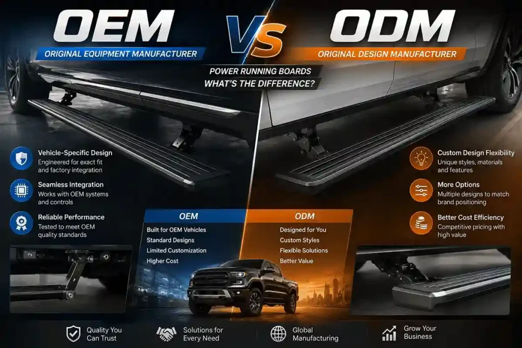 OEM vs ODM power running boards comparison chart highlighting vehicle-specific design, custom styles, integration, performance, cost efficiency, and business solutions.