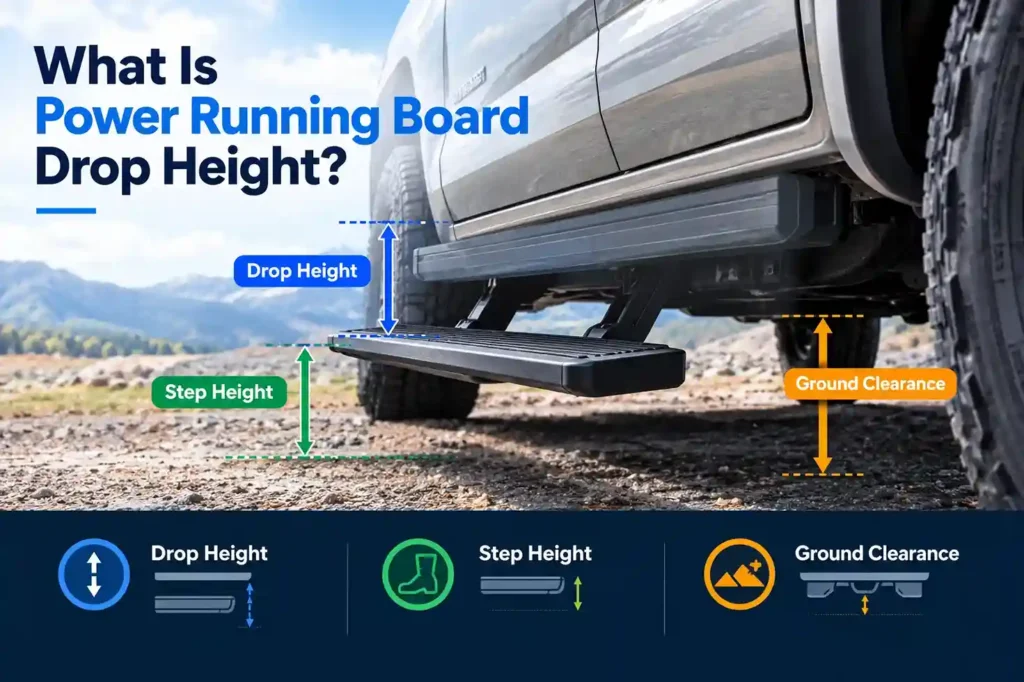 Power running board drop height, step height, and ground clearance measurement diagram for vehicle side steps