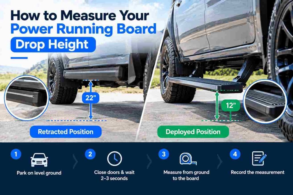 Diagram showing how to measure power running board drop height: park on level ground, close doors and wait 2–3 seconds, measure from ground to the deployed board, and record the measurement. Includes retracted and deployed positions with example measurements of 22 inches and 12 inches