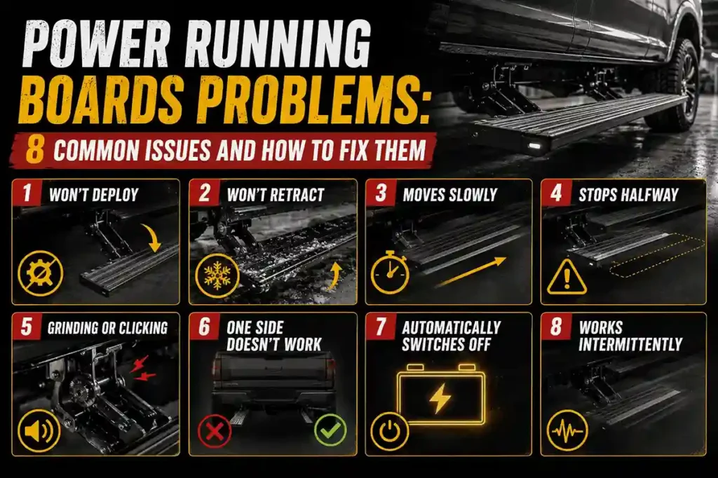 Infographic titled "Power Running Boards Problems – Common Issues and How to Fix Them" listing eight common problems: won't deploy, won't retract, moves slowly, stops halfway, grinding or clicking, one side works, doesn't work automatically, and switches off intermittently.