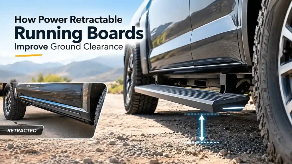 Comparison of a truck's power retractable running board in deployed and retracted positions, illustrating improved ground clearance when retracted