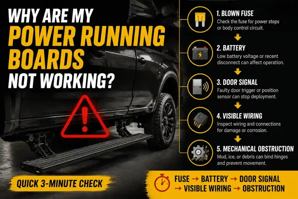 Power running boards problems: 5 causes – fuse, battery, door signal, wiring, obstruction. Quick check order.