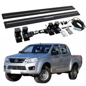 Complete aftermarket Ruimai power running boards kit displayed above a silver pickup truck, showing the two side steps with silver accents, mounting brackets, motors, wiring harness, and hardware.