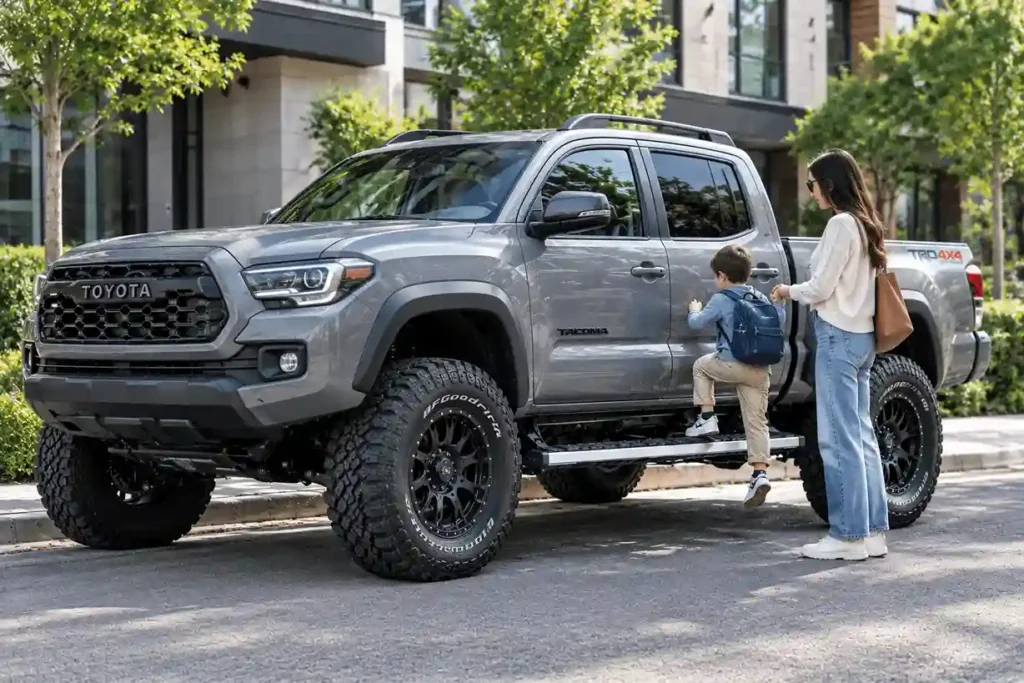 A young boy stepping onto the deployed Power Running Boards of a gray Toyota Tacoma TRD, assisted by his mother, demonstrating easy and safe vehicle access in a residential neighborhood.